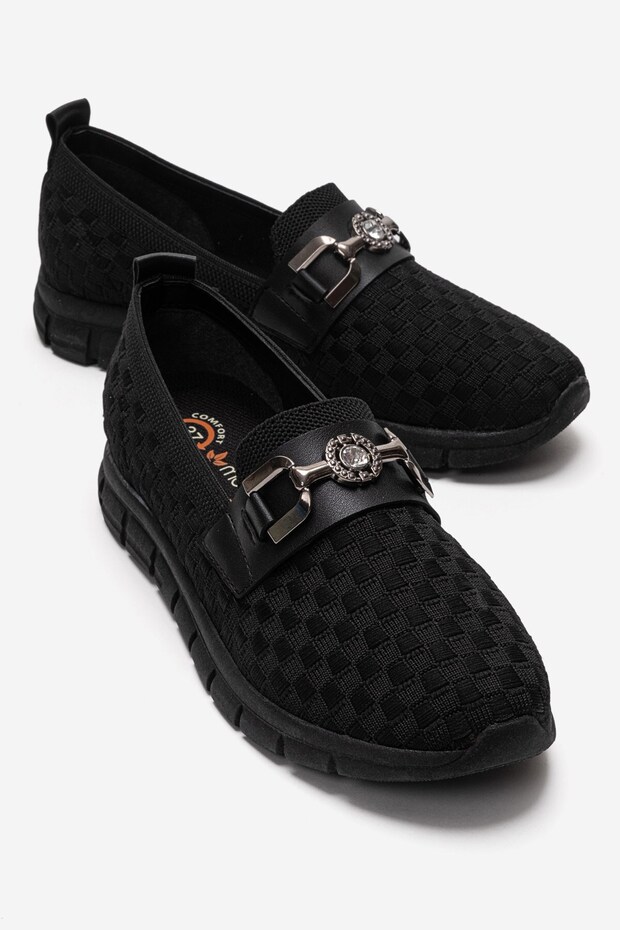 Women's Round Stone Checkered Knitwear Casual Shoes Black Black