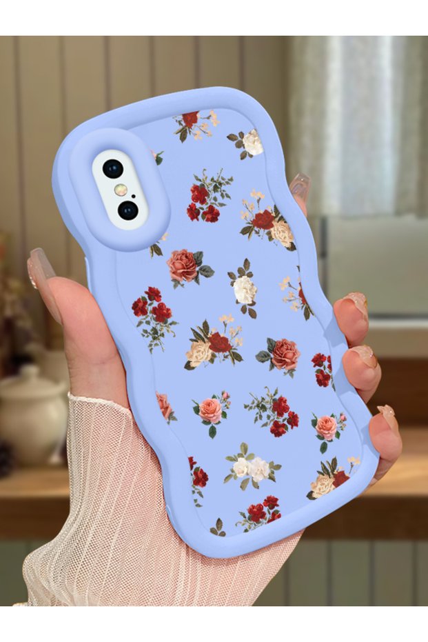 iPhone XS Compatible Shockproof Simple Blue Silicone Phone Case Cover Flower Pattern