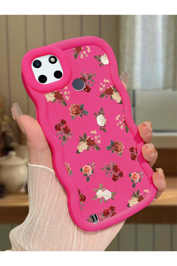 Realme C21Y Compatible Shockproof Simple Red Silicone Phone Case Flower Pattern