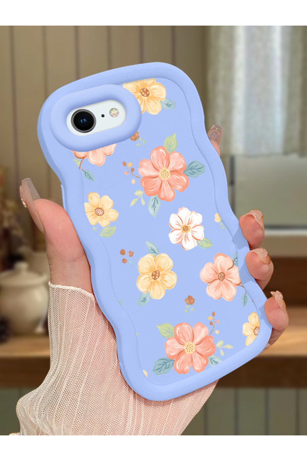 iPhone Se 2022 Compatible Shockproof Simple Blue Silicone Phone Case Cover Flower Pattern