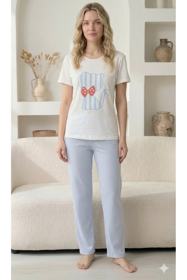 Printed Cat Patterned Pajama Set Patterned Top and Bottom Set - 1