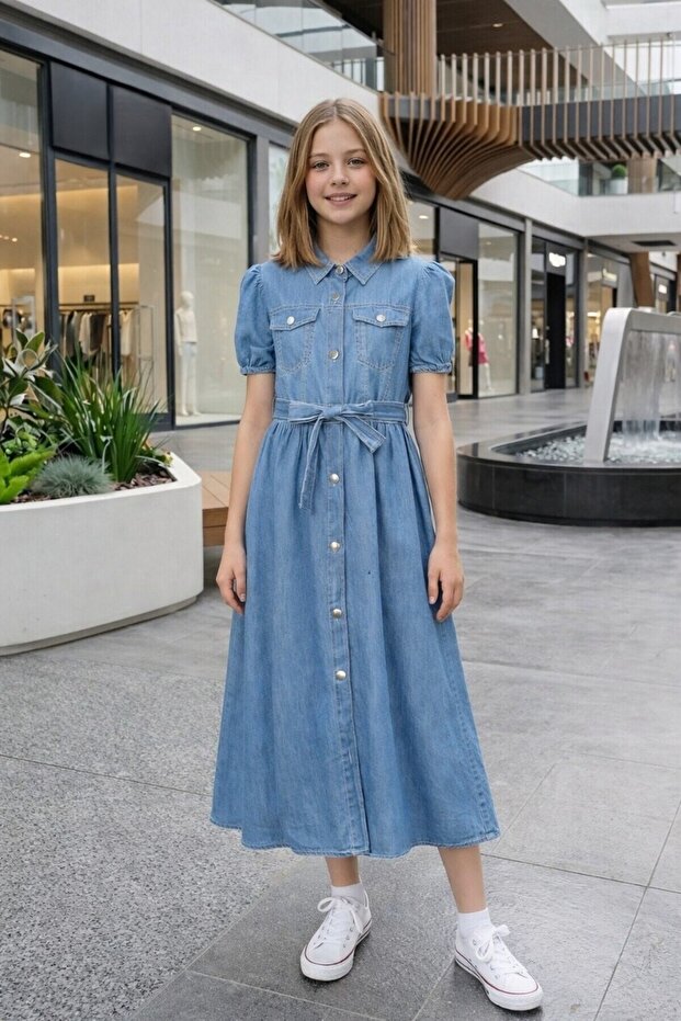 Girl's Belted Buttoned Denim Dress