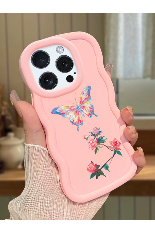 iPhone 14 Pro Compatible Shockproof Simple Pink Silicone Phone Case Butterfly Pattern