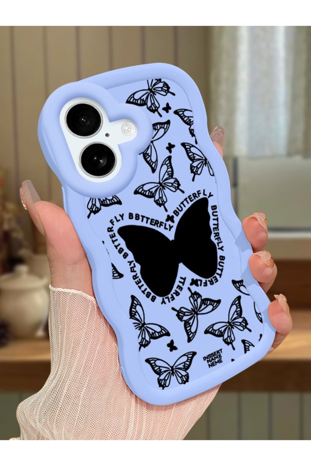iPhone 16 Compatible Shockproof Simple Blue Silicone Phone Case Butterfly Pattern
