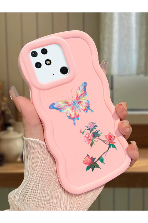 Redmi 10C Compatible Shockproof Simple Pink Silicone Phone Case Butterfly Pattern