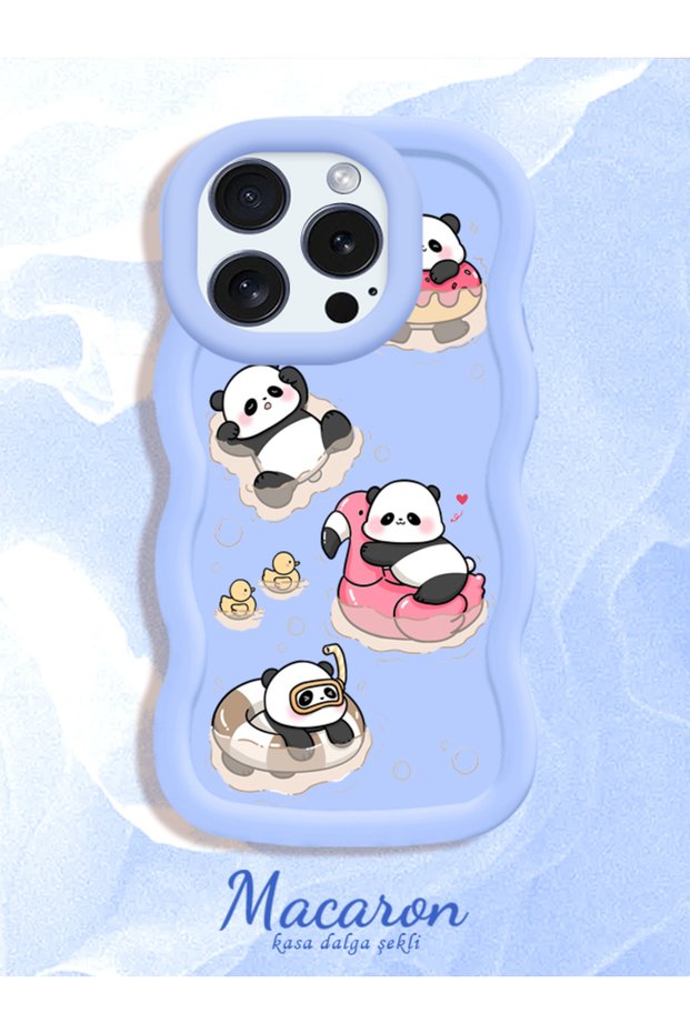 Simple Blue Silicone Phone Case Panda Pattern Compatible with iPhone 16 Pro Max Shockproof