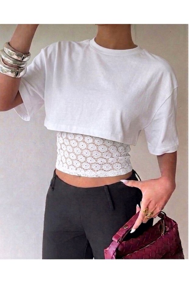 Women's 2-Pack White Crop T-Shirt-White Lace Detailed Athlete Top
