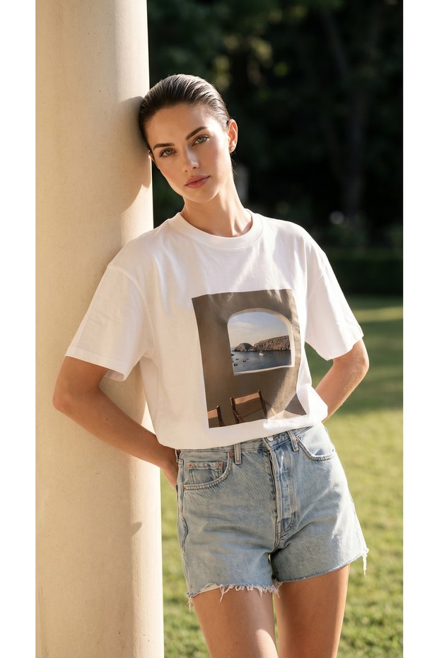 White Mediterranean Landscape Printed Oversize Crew Neck Cotton Women's T-Shirt