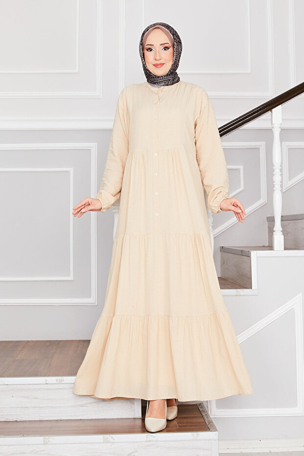 Buttoned Front Layered Hijab Dress Beige