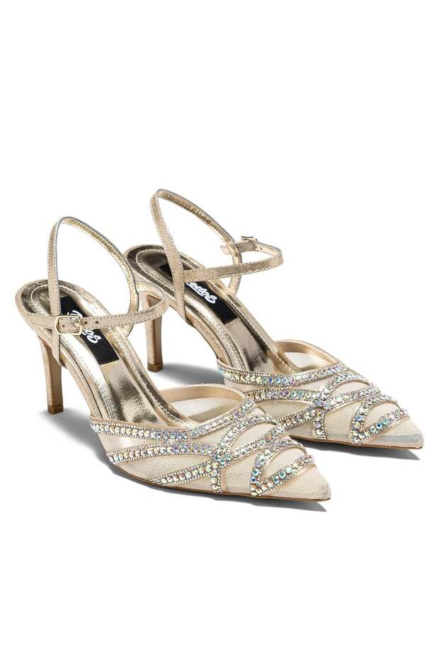 Women's High Heeled Open Back Pointed Toe Stone Embellished Breathable Mesh Evening Dress Shoes 14040