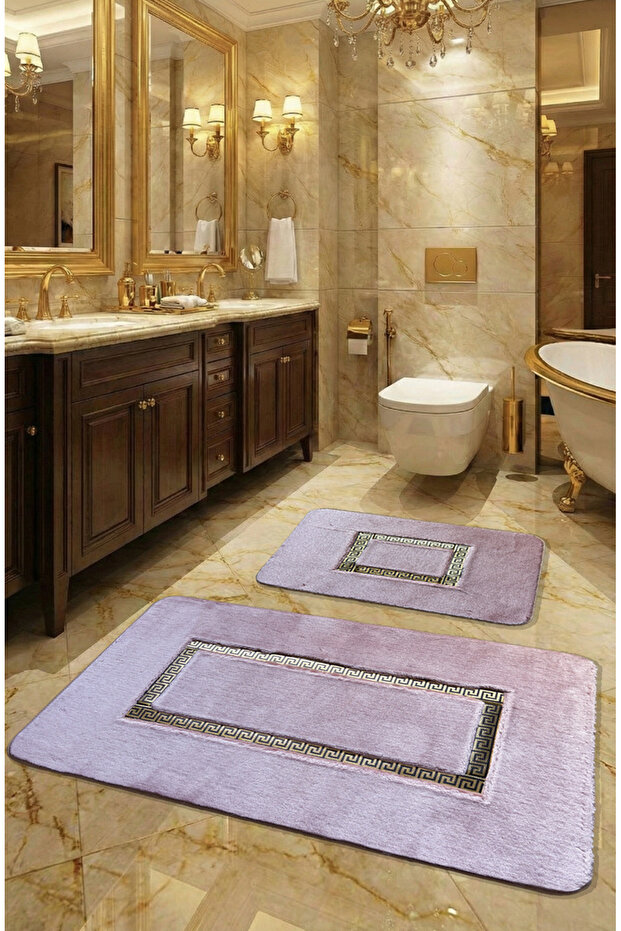 Meram Non-Slip, Soft, Absorbent 2-Piece Premium Leather Detailed Bath Mat Set