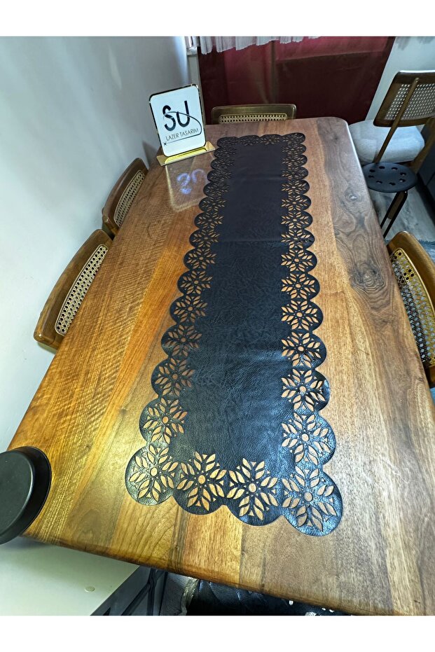 Black Faux Leather Elegant Floral Detailed Laser Cut Runner Tablecloth