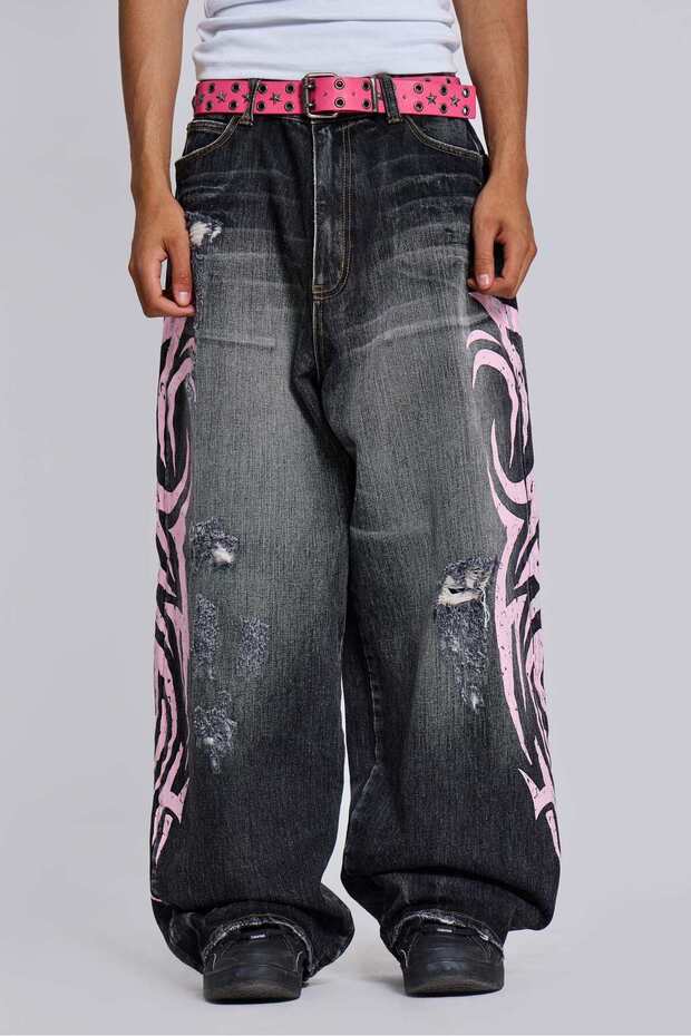 Black Stonewashed Grunge Pink Tribal Printed Harajuku Y2K Unisex Baggy Pants