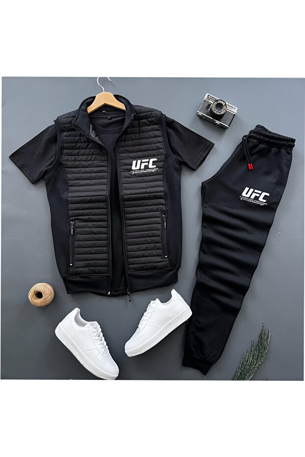 New Season Basic Ufc Printed Quilted Vest - Summer Sweatpants - T-Shirt 3-Piece Top and Bottom Set