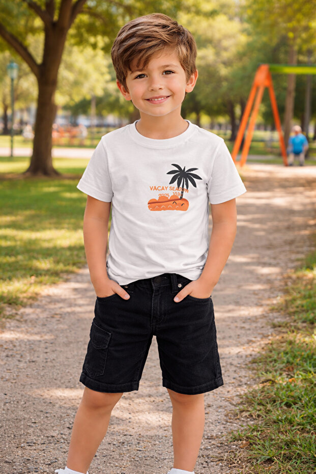 Boy's Denim Shorts Set Single Jersey Combed Cotton T-Shirt Summer Two-Piece Set White Beige Khaki I 4-12 Years Old I