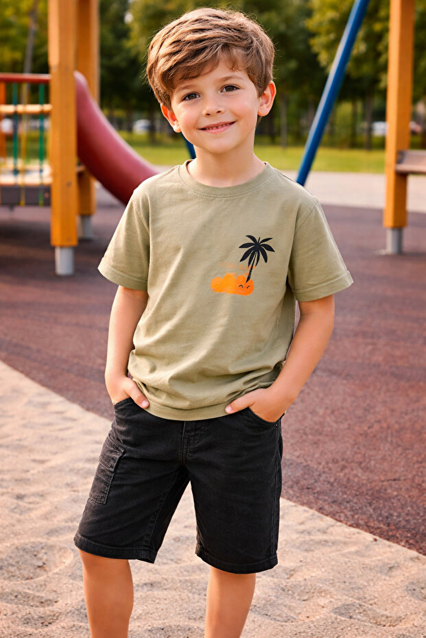 Boy's Denim Shorts Set Single Jersey Combed Cotton T-Shirt Summer Two-Piece Set White Beige Khaki I 4-12 Years Old I