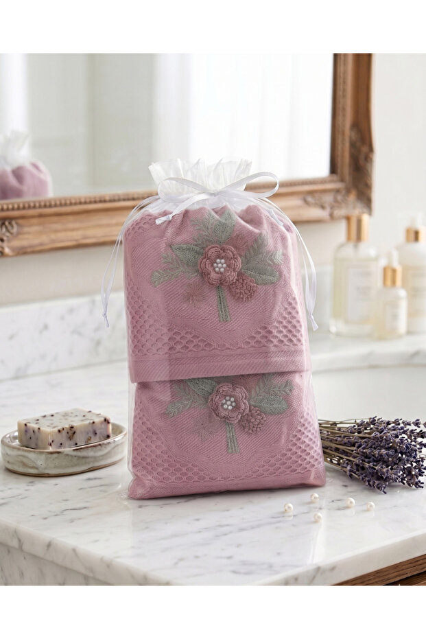 Dowry Towel Set with Pearls in a Special Tulle Pouch - Set of 2 - Cherry