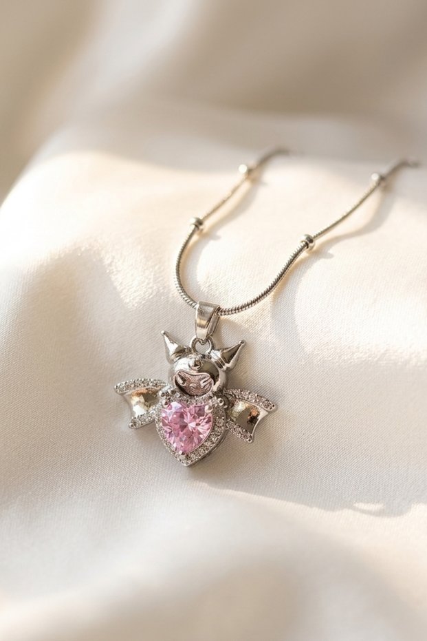 Kuromi Bow Detailed Heart-Shaped Steel Zircon Stone Silver Necklace