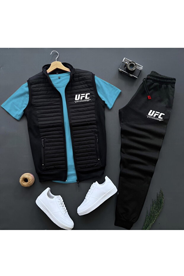 New Season Basic Ufc Printed Quilted Vest - Summer Sweatpants - T-Shirt 3-Piece Top and Bottom Set