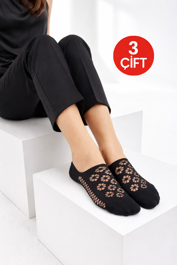 Women's Black Laser Cut Floral Patterned Ballerina Socks Set of 3 - Daily Use