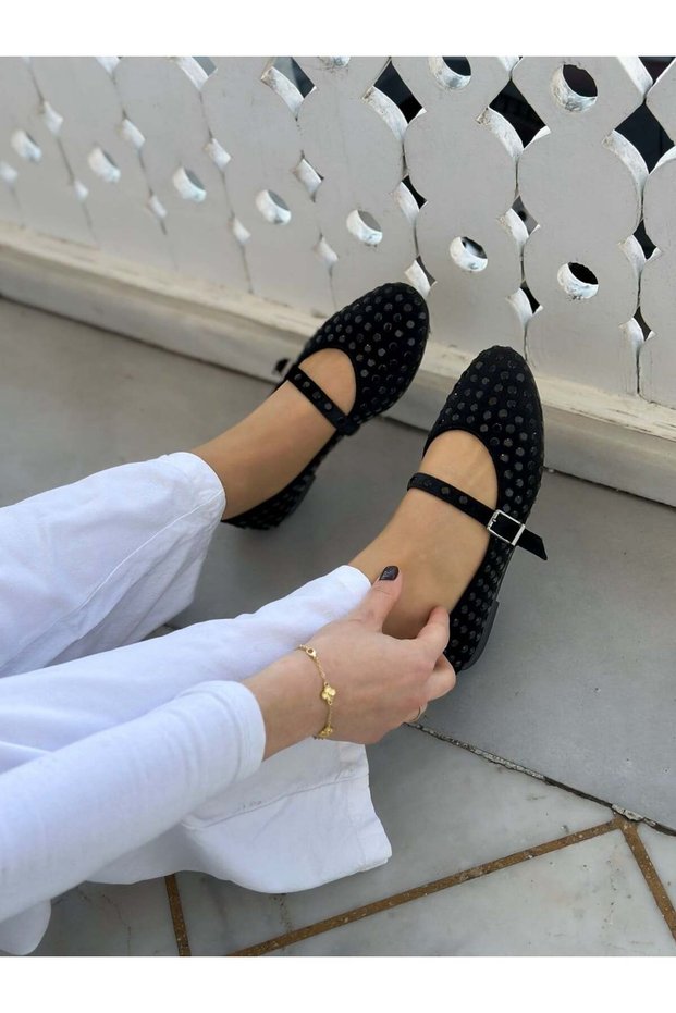 Black Velvet (Cerry) Stone-Embellished Women's Ballerinas