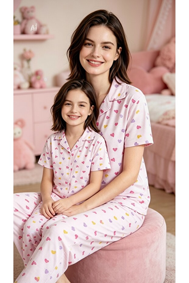 Mother-Daughter Matching Pajama Set - Milan Fabric, Heart Pattern, Seasonal Shirt Collar Buttoned Comfortable Set (Sold Separately)