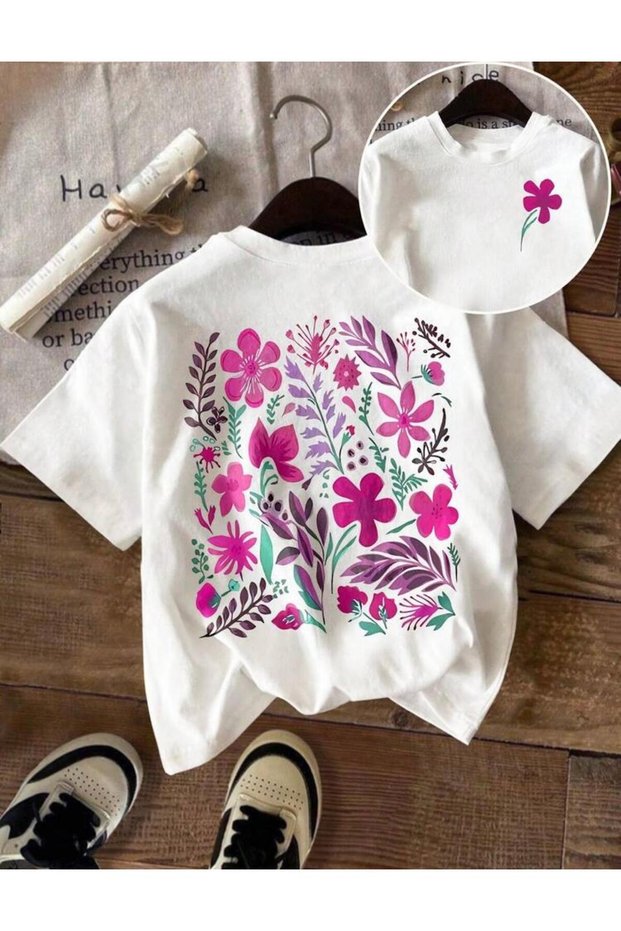 Floral Printed Crew Neck Short Sleeve Women's T-Shirt with Front and Back Detail