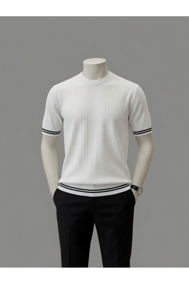 Men's Short-Sleeved Summer Knitwear T-Shirt with Vertical Line Pattern, 100% Cotton, Skirt Sleeves with Ribbed Line Details T-Shirt