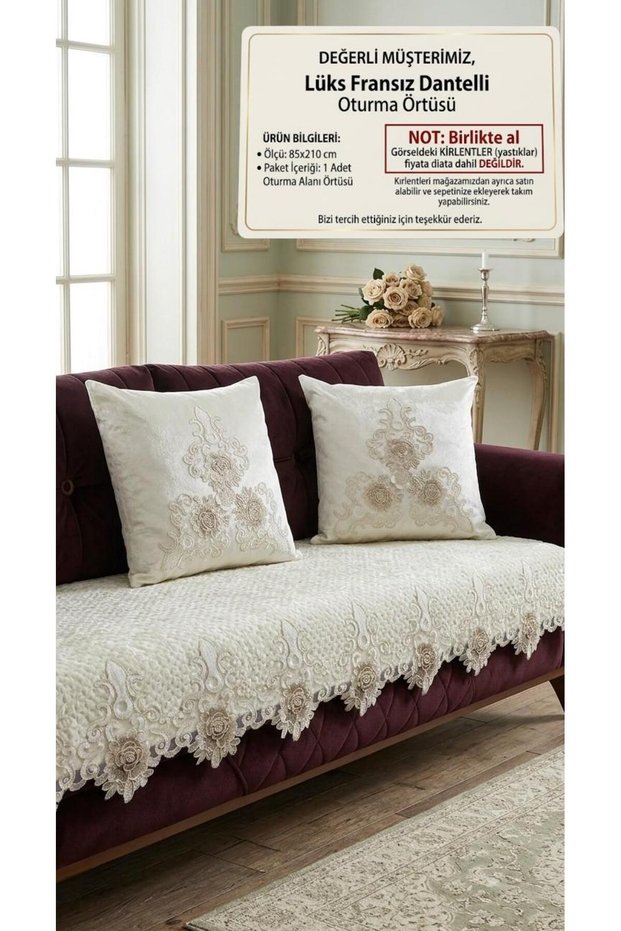 Luxury Seersucker Velvet French Laced Sofa Cover (Living Area Only) Non-Slip Base 85X210
