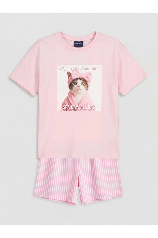 Lcw Kids Pink Printed Girl's Shorts Pajamas Set