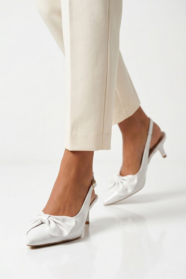 Lorea White Patent Leather Bow Detailed Women's Heeled Shoes