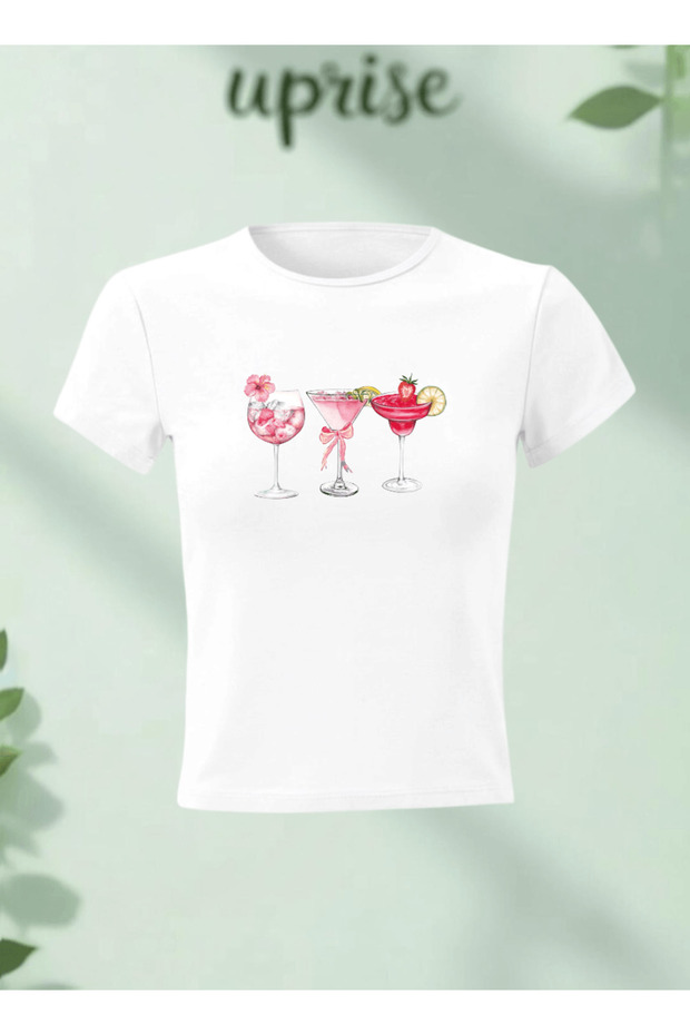 Drinks Printed Cotton Lycra Body Tee Crop T-Shirt