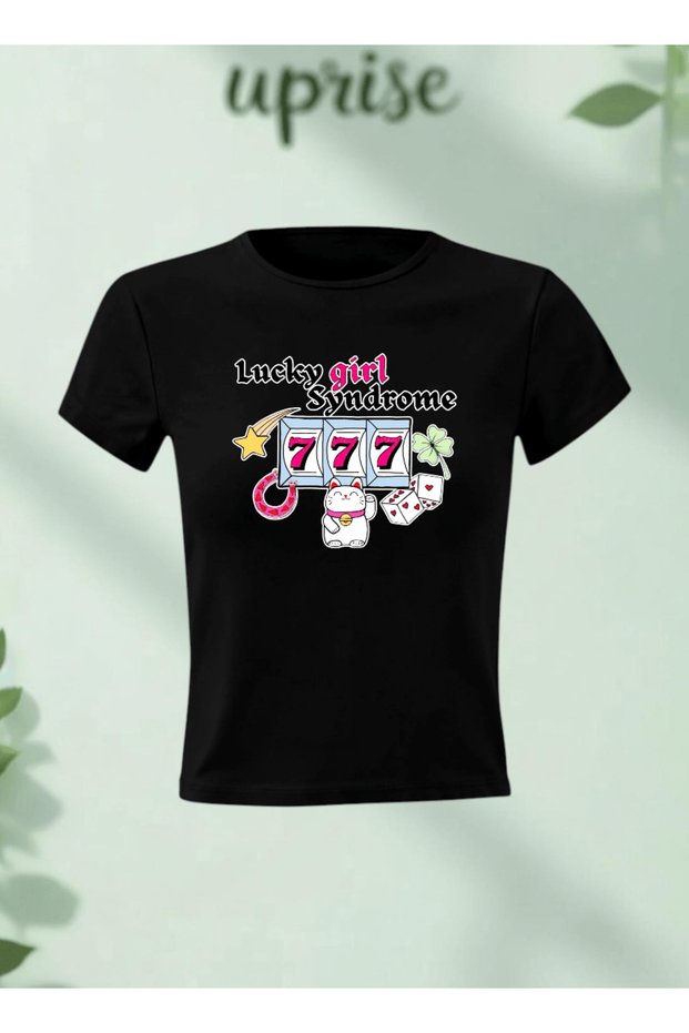 Lucky Girl Syndrome Printed Cotton Lycra Body Tee Crop T-Shirt