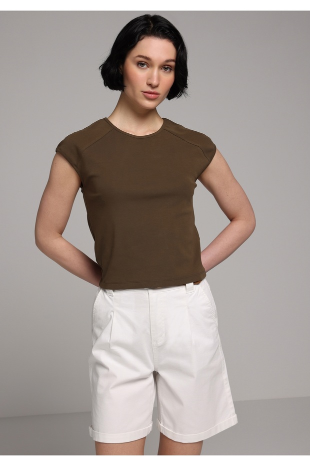 Slim Fit Boat Neck Plain Women's Brown Short Sleeve T-Shirt