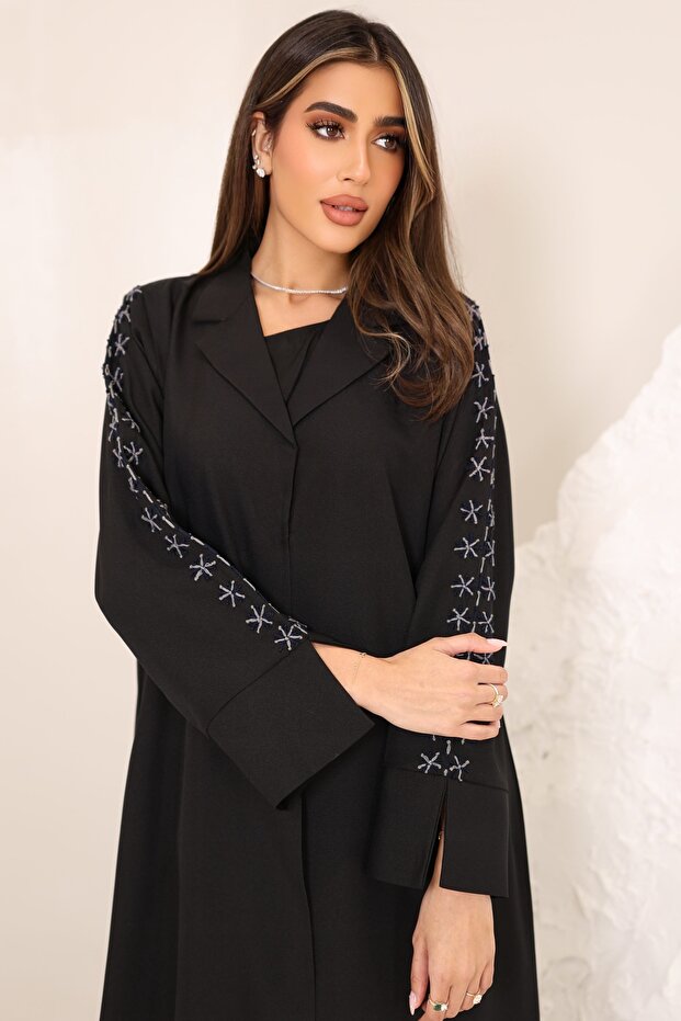 Premium Black Crepe Abaya with Elegant Thread Handwork on Sleeves Modest Luxury Wear