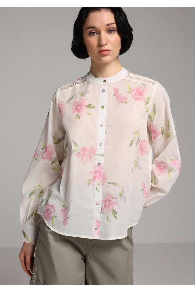 Fashion Fit Round Neck Metered Printed Women's Pink Long Sleeve Shirt