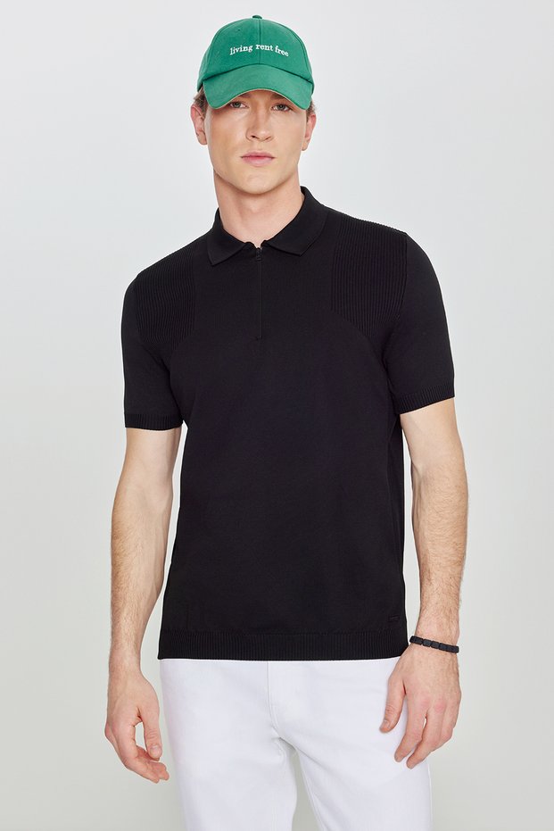 Men's Black Standard Fit Regular Fit Polo Neck Jacquard Knitwear T-Shirt