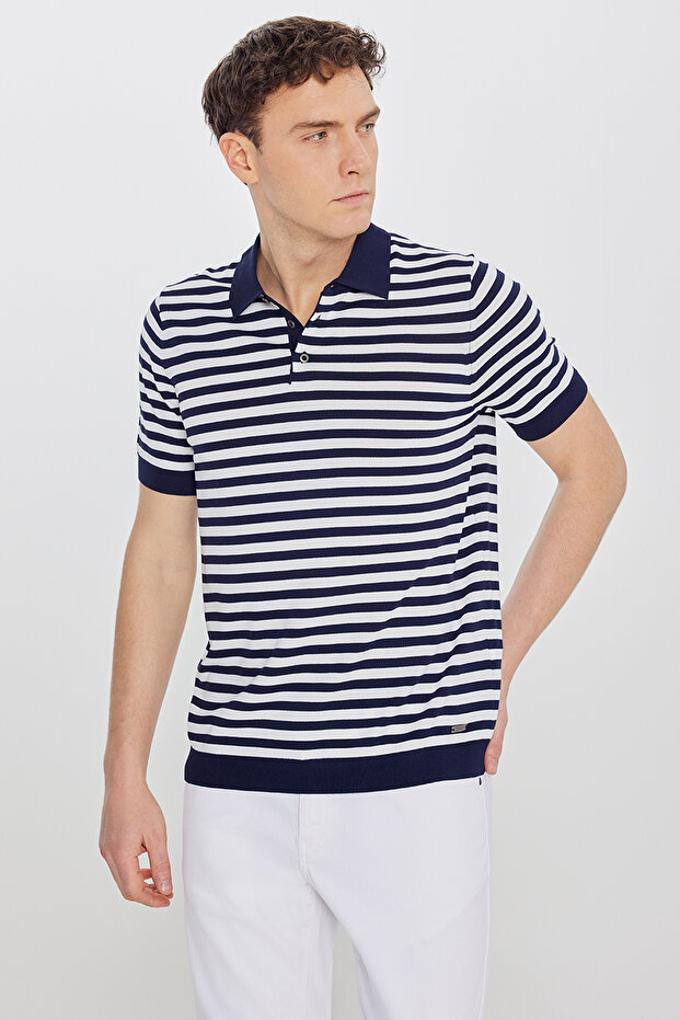 Men's Navy Blue-Ecru Standard Fit Regular Cut Polo Collar Striped Knitwear T-Shirt