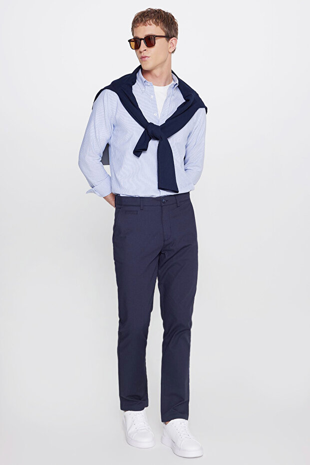 Men's Navy Blue Cotton Slim Fit Slim Fit Side Pocket Dobby Stretch Casual Trousers