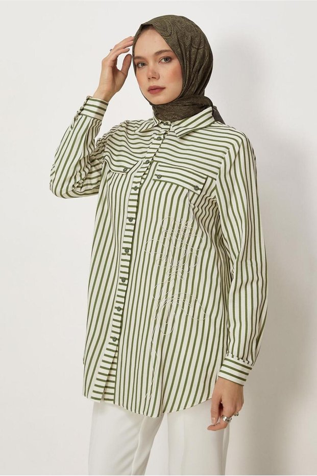 Striped Shirt Collar Tunic 46359