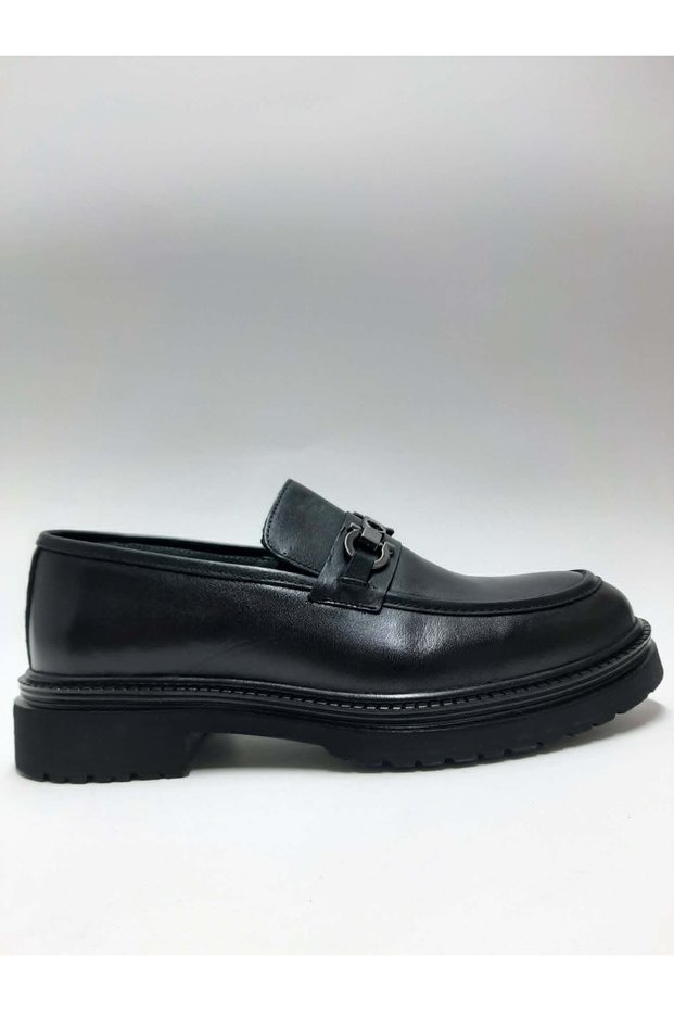 Genuine Leather Buckle Loafer Black Classic Casual Model Men's Shoes