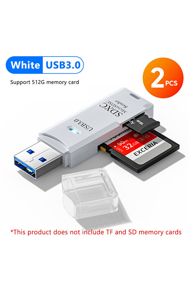 2 قطعة قارئ بطاقات USB3.0 أبيض اللون 2 في 1 USB3.0/2.0، قارئ بطاقات ذاكرة SD وTF، محرك أقراص فلاش USB C