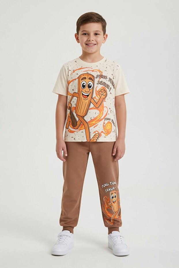 Brown Printed Crew Neck T-Shirt with Elastic Waistband Boys' 2-Piece Set 23887
