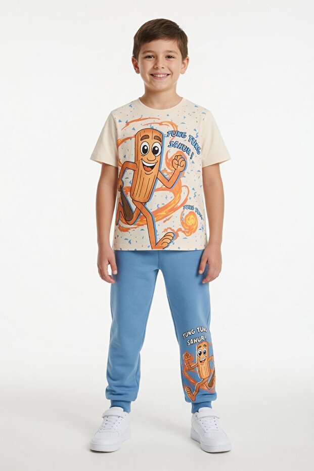 Blue Printed Crew Neck T-Shirt with Elastic Waistband Boys' 2-Piece Set 23886