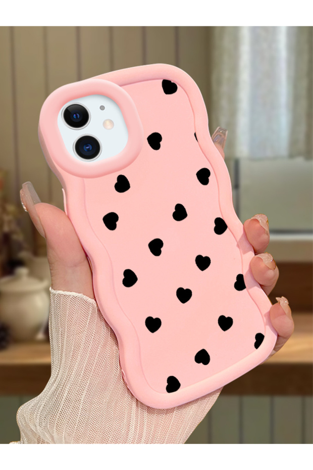iPhone 12 Compatible Shockproof Simple Pink Silicone Phone Case Heart Pattern