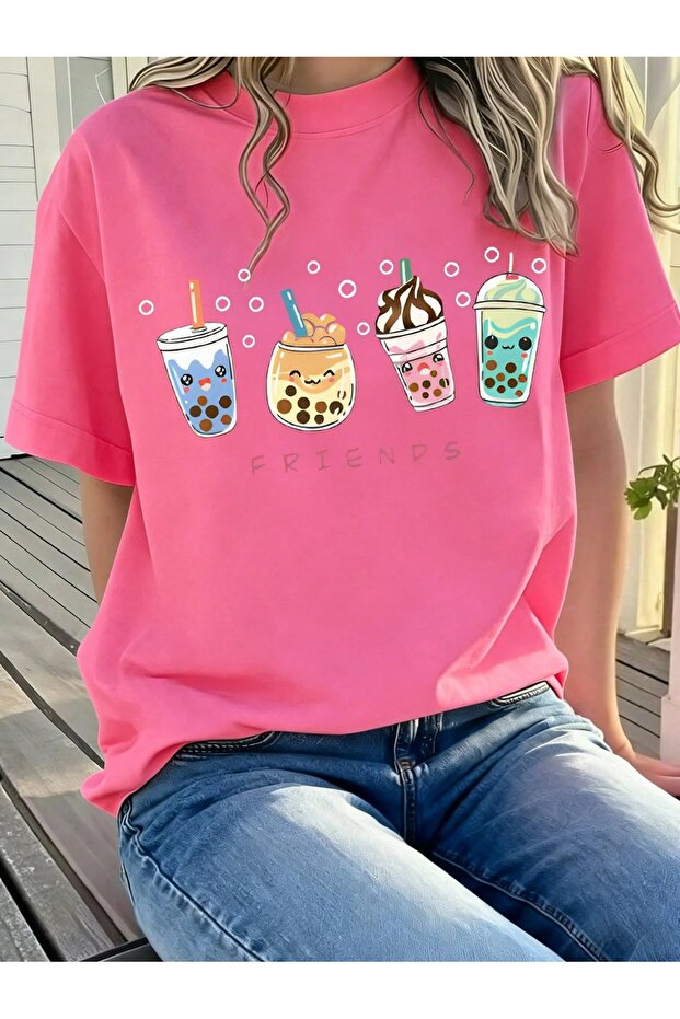 -Women's Oversize Basic Bubble Tea Friends Print T-Shirt – 100% Cotton