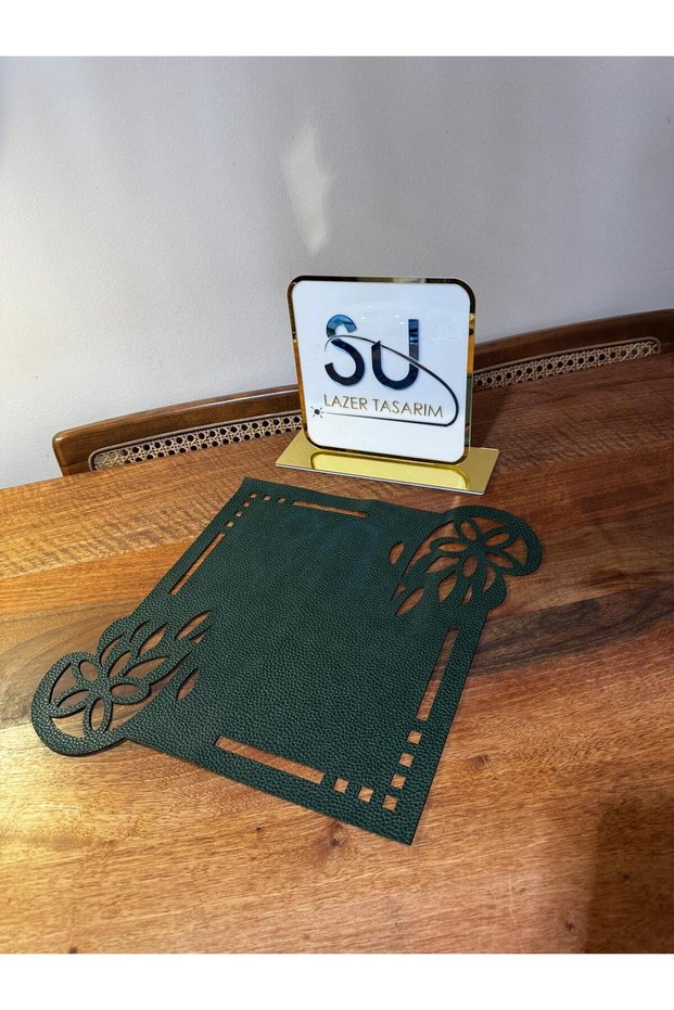 Green Faux Leather Sporty Modern Floral Detailed American Service 6-Piece Napkin Set