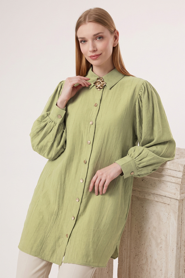 6423 - Comfortable Zippered Buttoned Viva Balloon Sleeve Long Tunic with Waist Belt Detail
