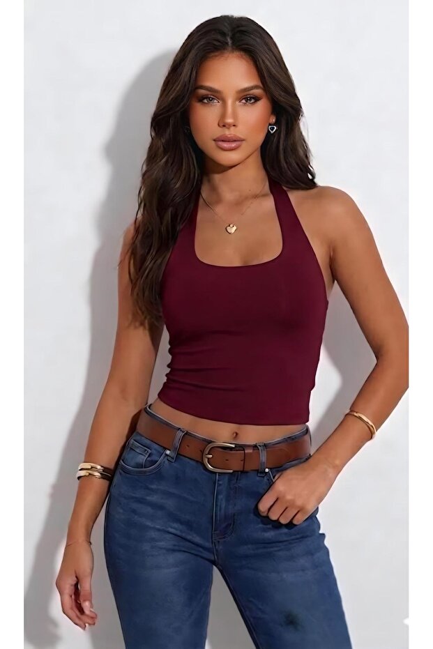 Halter Neck Basic Plain Stretchy Fabric Bluz - 1