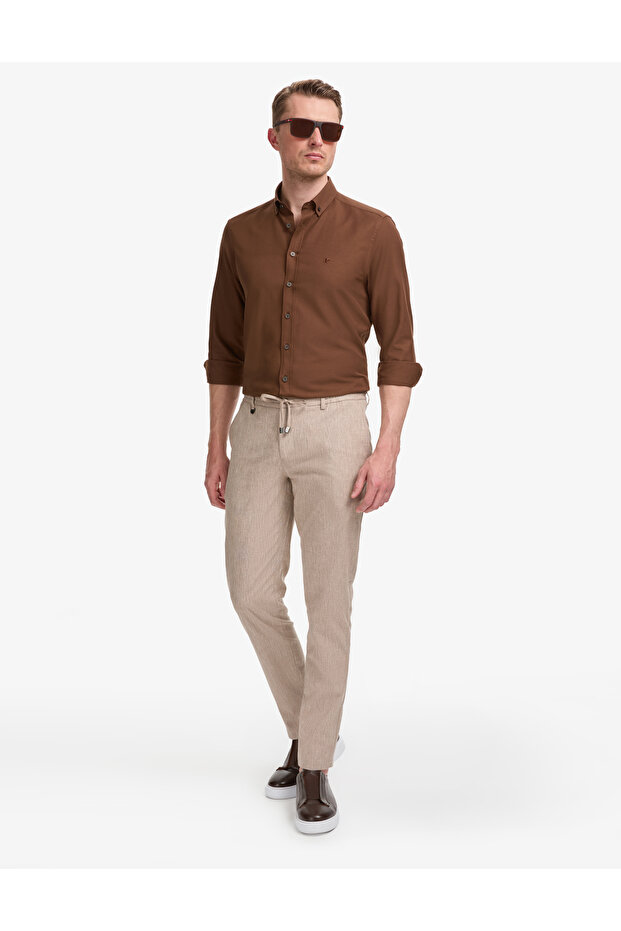 Light Brown Ex. Slim Fit Waist Drawstring Cotton Linen Blend Trousers 50324275-Vr002